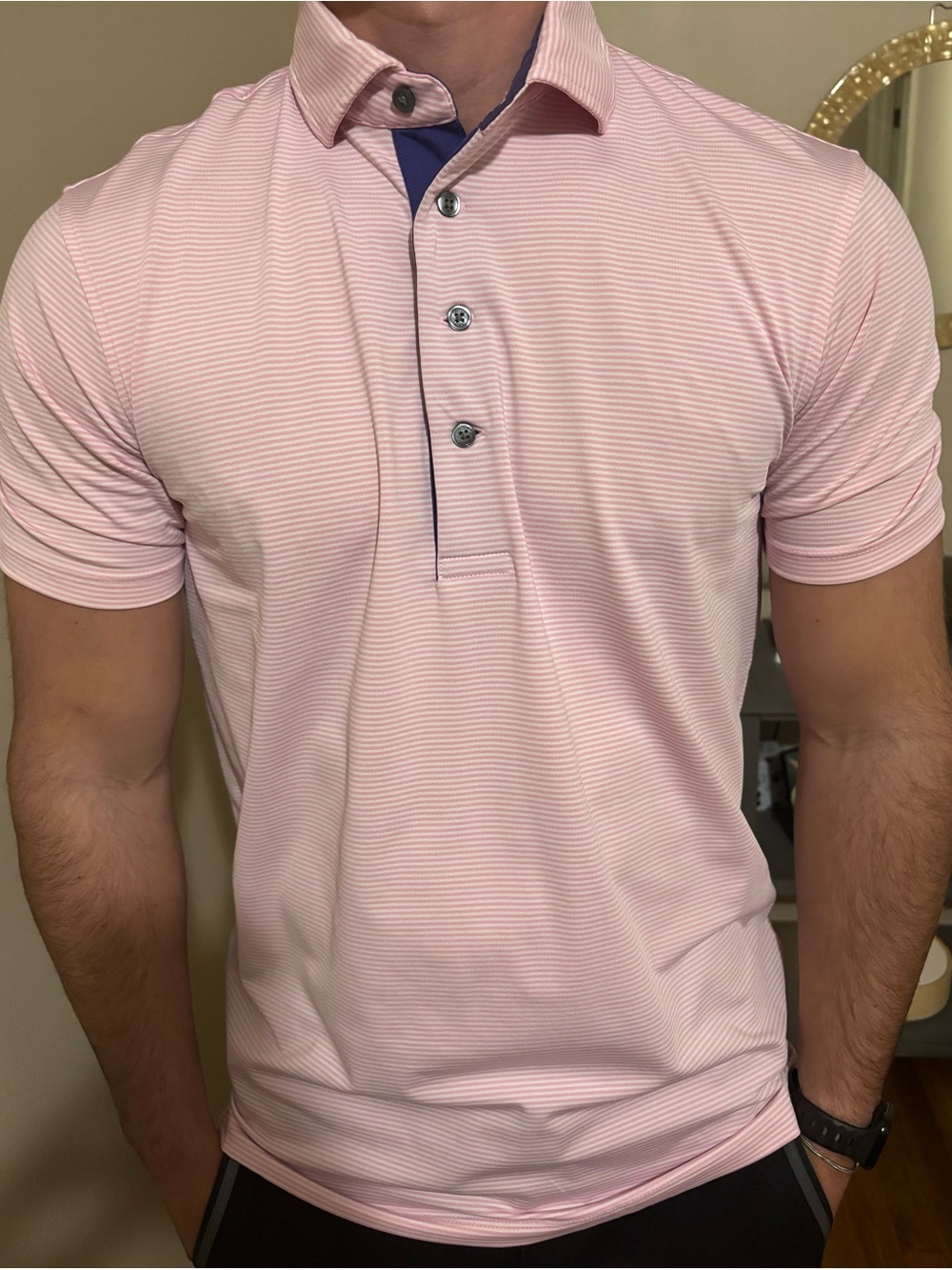 Greyson Pink Striped Polo with Contrast Placket